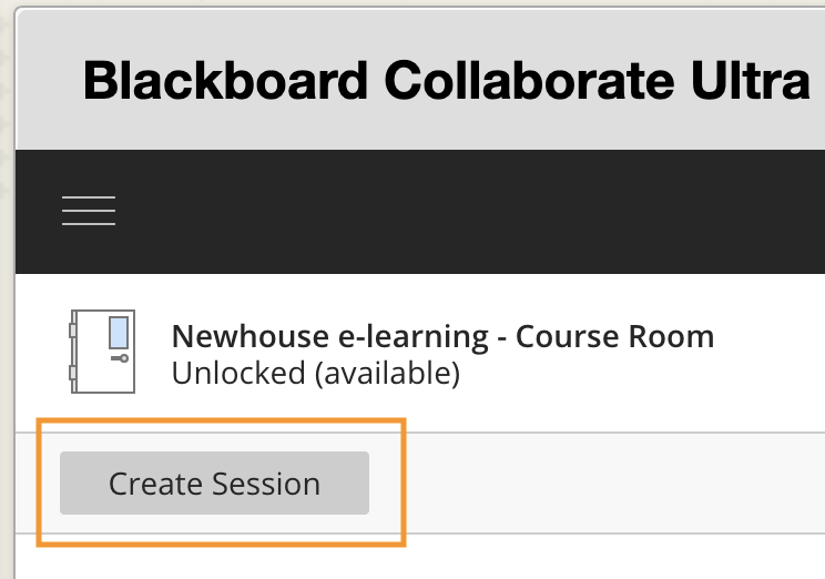 Create session button highlighted on the Blackboard Collaborate Ultra page.