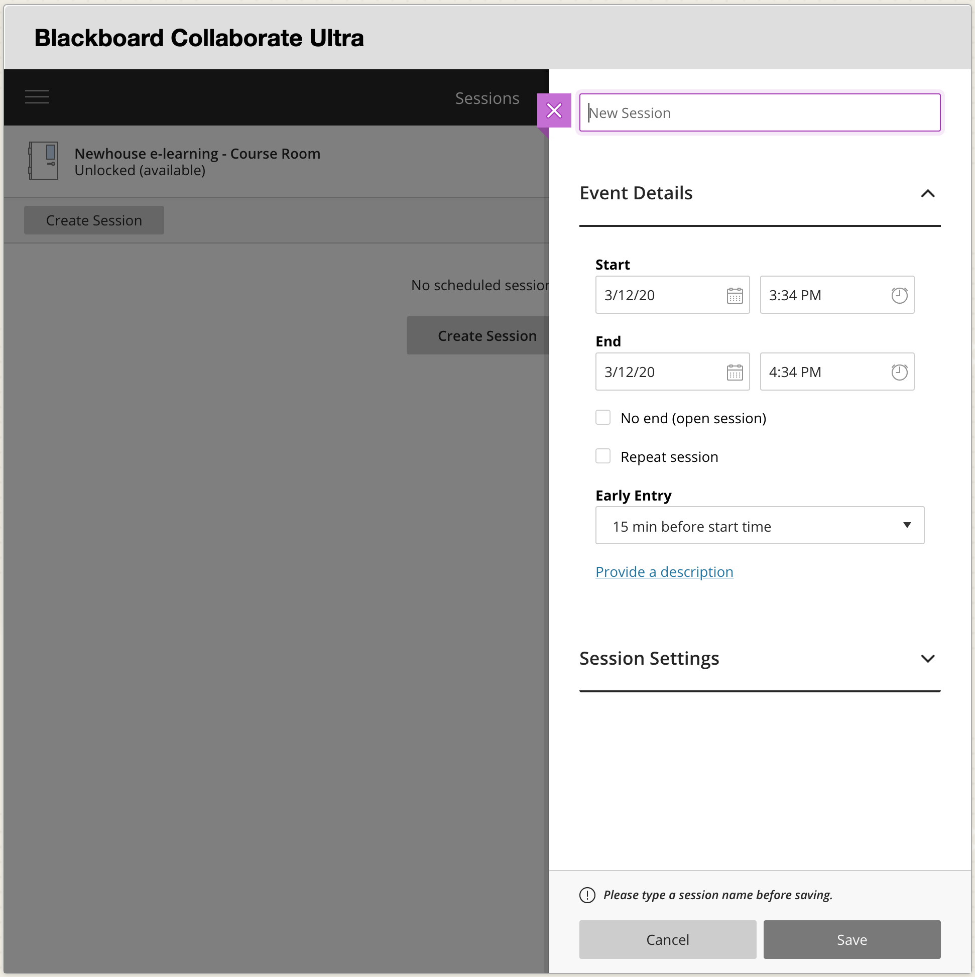 New Session sidebar open on right side of blackboard collaborate Ultra page.