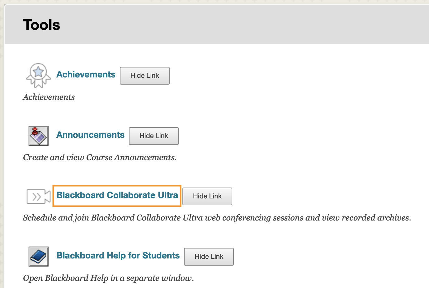 Tools page. Blackboard Collaborate Ultra is highlighted.
